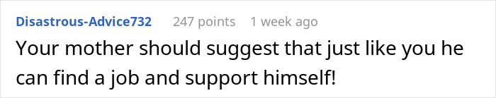 Screenshot of a Reddit comment about an aunt ignoring her nephew until he gets a job and funds her son&rsquo;s education.