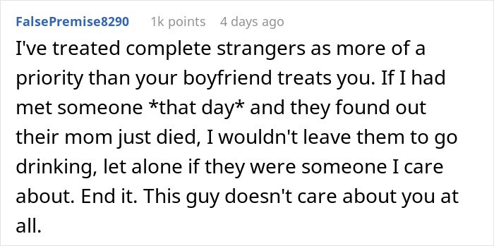 Comment expressing disappointment in a boyfriend&rsquo;s true character revealed after woman&rsquo;s mother&rsquo;s death.