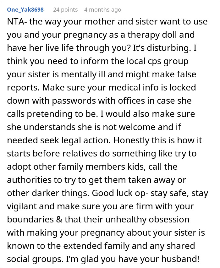 Comment warning about a sister's obsession with pregnancy and advice on staying safe with family boundaries. - 28