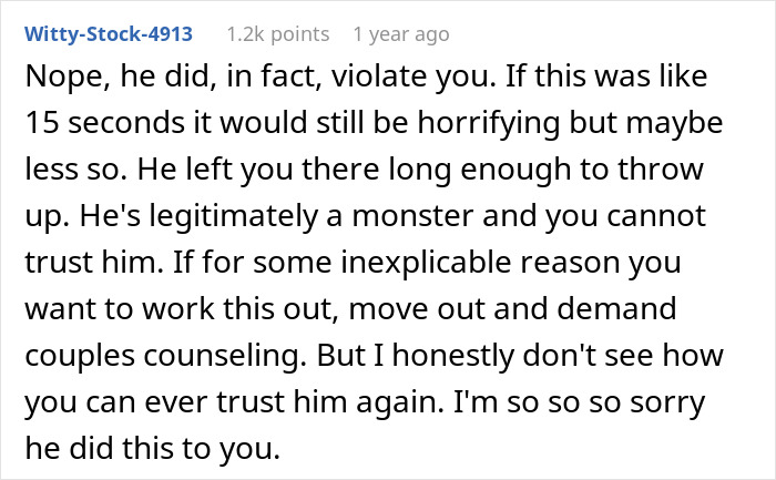 Screenshot of an online comment criticizing a husband's prank that caused a claustrophobic woman to cry and vomit.