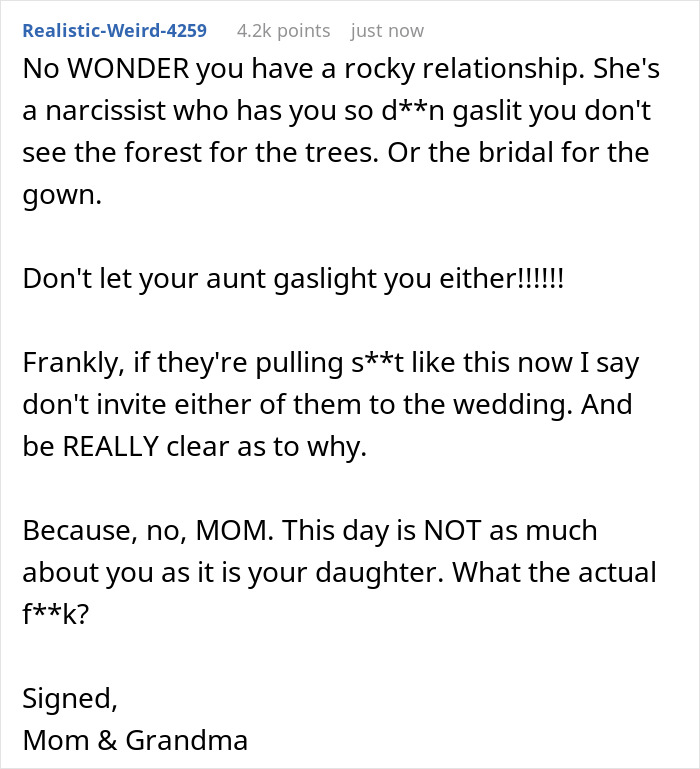 Comment discussing bride's mom threatening to wear a white gown and skip the wedding if refused.