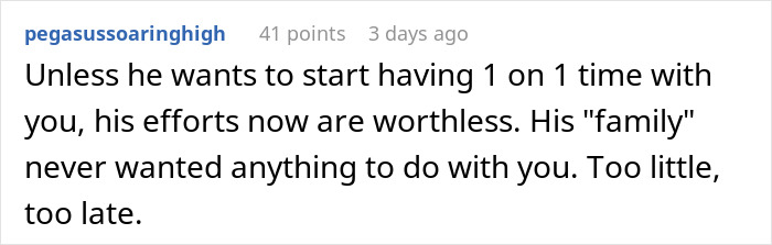 Comment on family rejection and 20-year-old refusing to attend family dinner after years of stepsibling rejection.