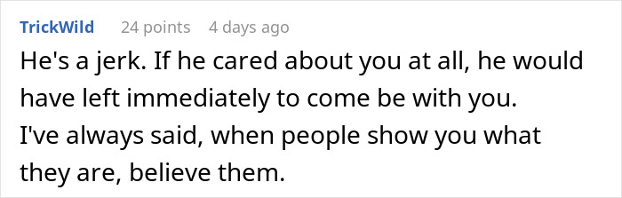 Comment text on a white background discussing a woman's heartbreak after her mother&rsquo;s death reveals boyfriend&rsquo;s true character.