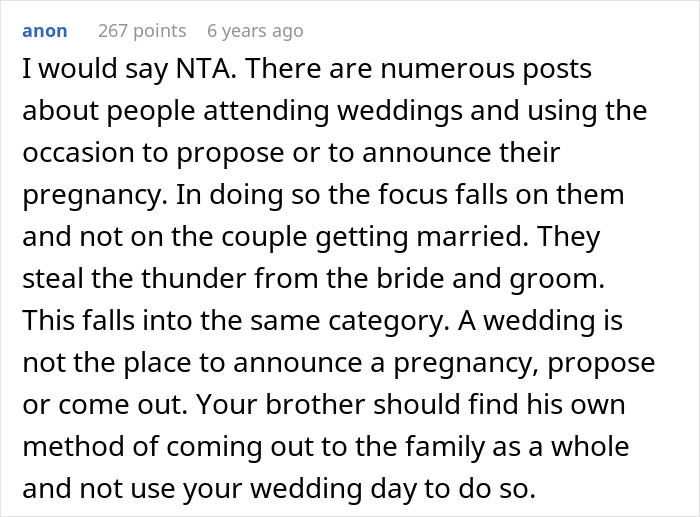 Comment discussing why a man refuses to let gay brother come out at his wedding, focusing on wedding appropriateness. Comment discussing why a man refuses to let gay brother come out at his wedding, focusing on wedding appropriateness.