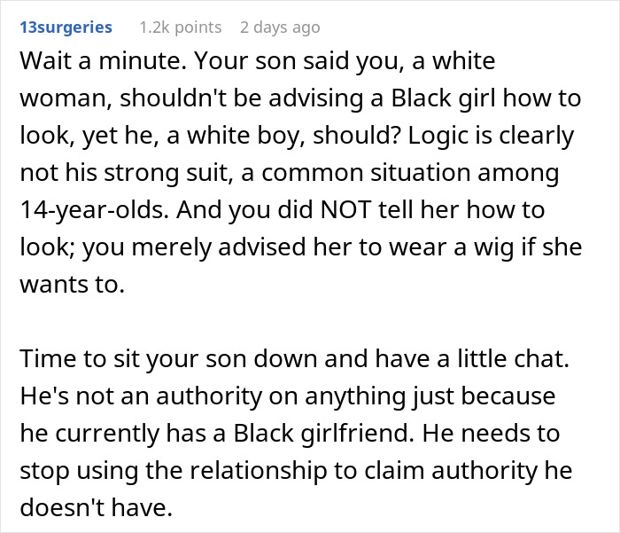 Comment discussing a 14-year-old exploding at mom over advice about his Black girlfriend's clothing comfort.