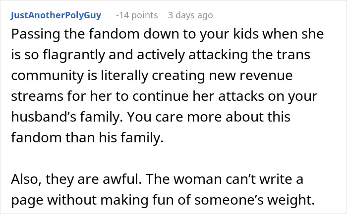 Comment criticizing a woman for giving her kids Harry Potter books, labeled bigoted and hateful person by family.