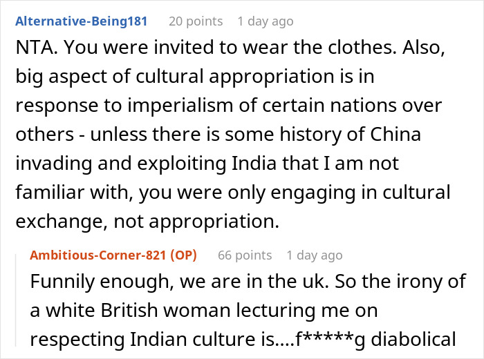 Comment discussing cultural appropriation in context of lady swapping traditional attire with friend and white lady's reaction.
