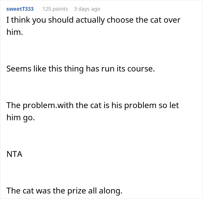 Reddit comment discussing a guy fussing over a cat given to his girlfriend by another man and relationship issues. Reddit comment discussing a guy fussing over a cat given to his girlfriend by another man and relationship issues.