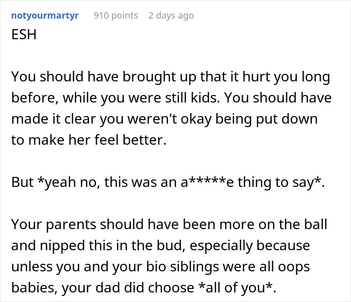 ALT text: Reddit comment discussing adopted sibling joke backfiring and bio dad choosing all kids in family conflict context ALT text: Reddit comment discussing adopted sibling joke backfiring and bio dad choosing all kids in family conflict context