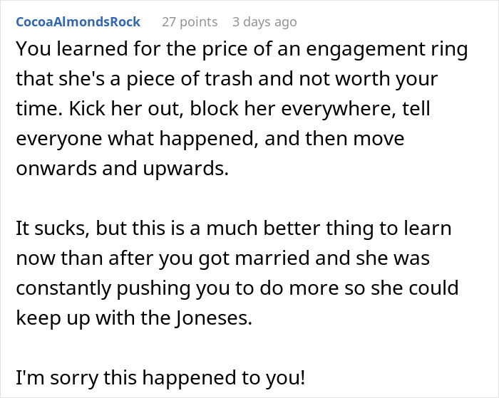 Comment about heartbreak from a man’s dream proposal as girlfriend chooses rich husband over hardworking partner Comment about heartbreak from a man’s dream proposal as girlfriend chooses rich husband over hardworking partner