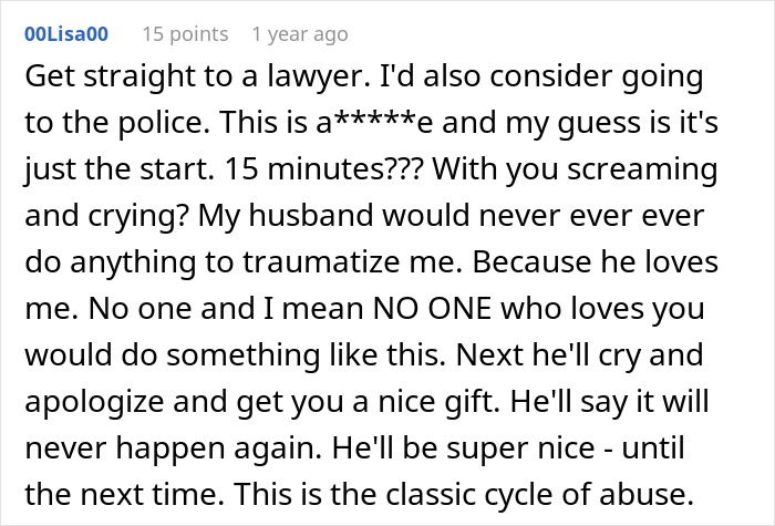 Comment from user 00Lisa00 warning about trauma and abuse, mentioning a claustrophobic woman left in tears after husband's prank.