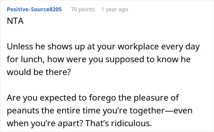 Screenshot of an online comment discussing a man upset his girlfriend bought peanut butter cake to eat at work.