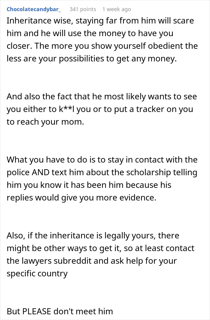 Reddit comment warning about inheritance and dangers involving man getting sick from food his dad has touched.