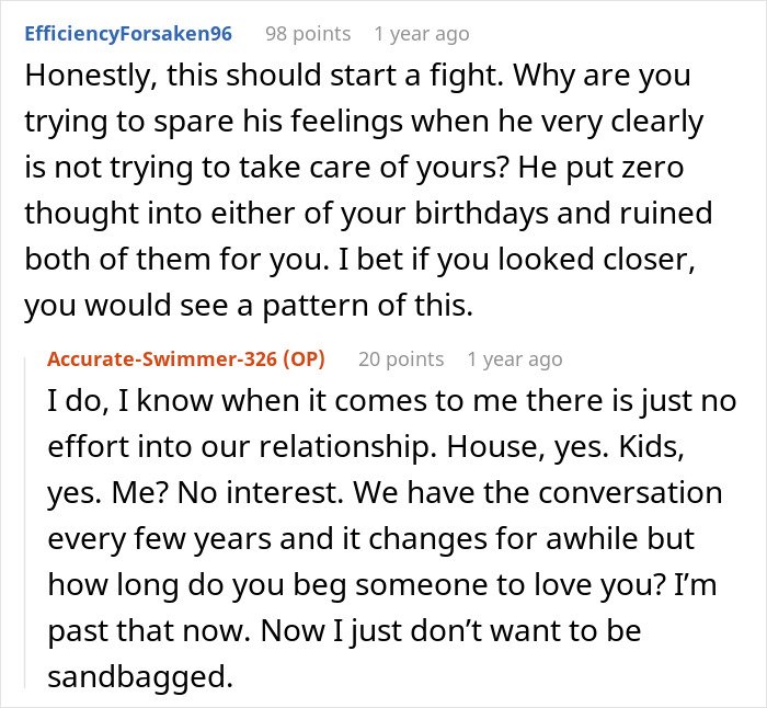 Reddit conversation about a husband's birthday surprise causing marriage issues leading to therapy after 19 years. - 17
