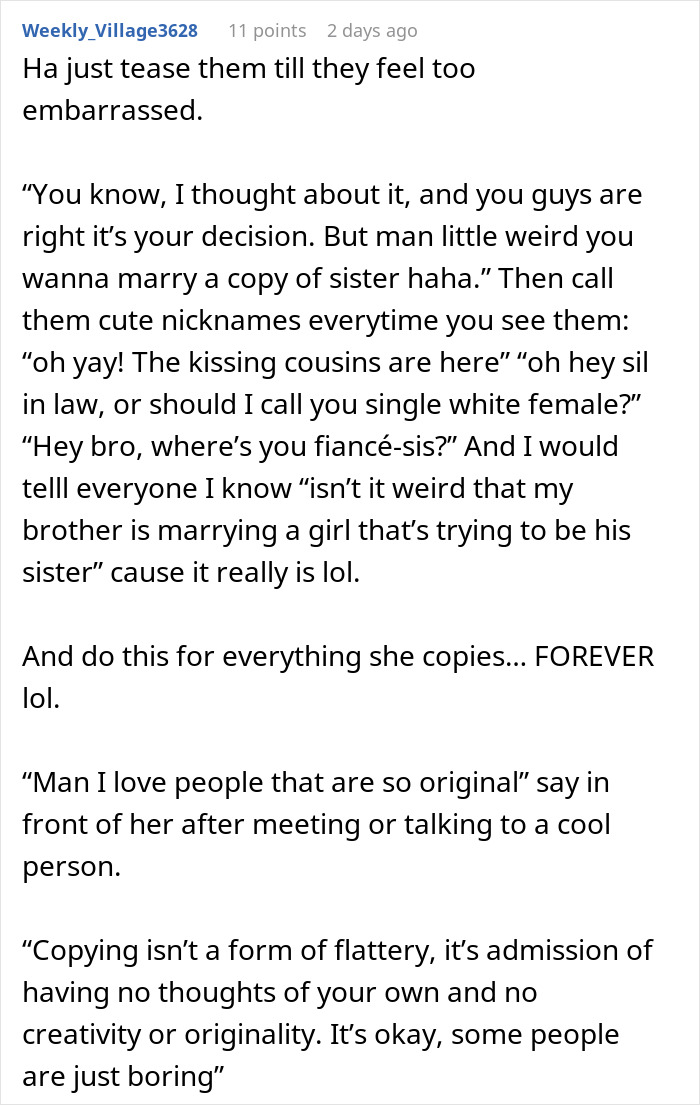 Text post about woman confronting brother&rsquo;s fianc&eacute;e for copying her wedding dress and teasing her repeatedly.