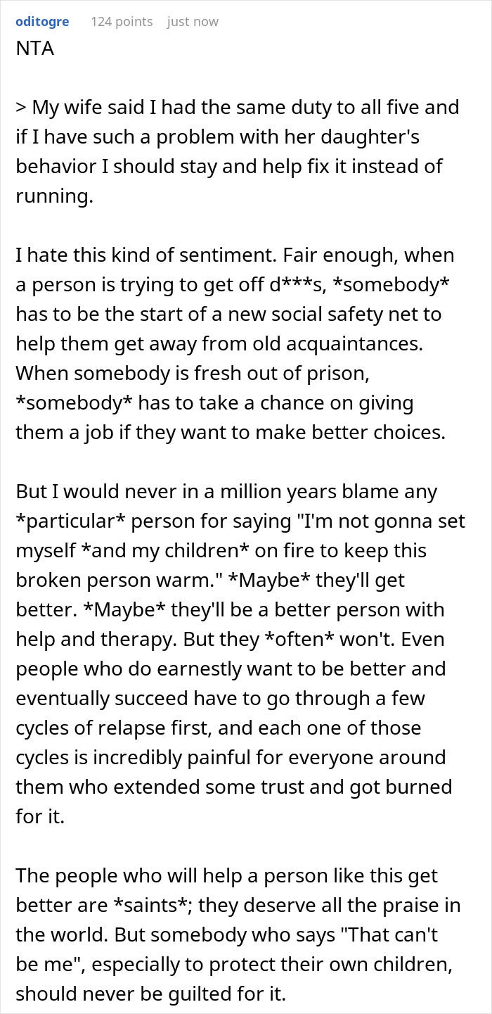 Man refuses to let wife&rsquo;s daughter live with his kids, leading to him leaving the marriage over custody conflict.