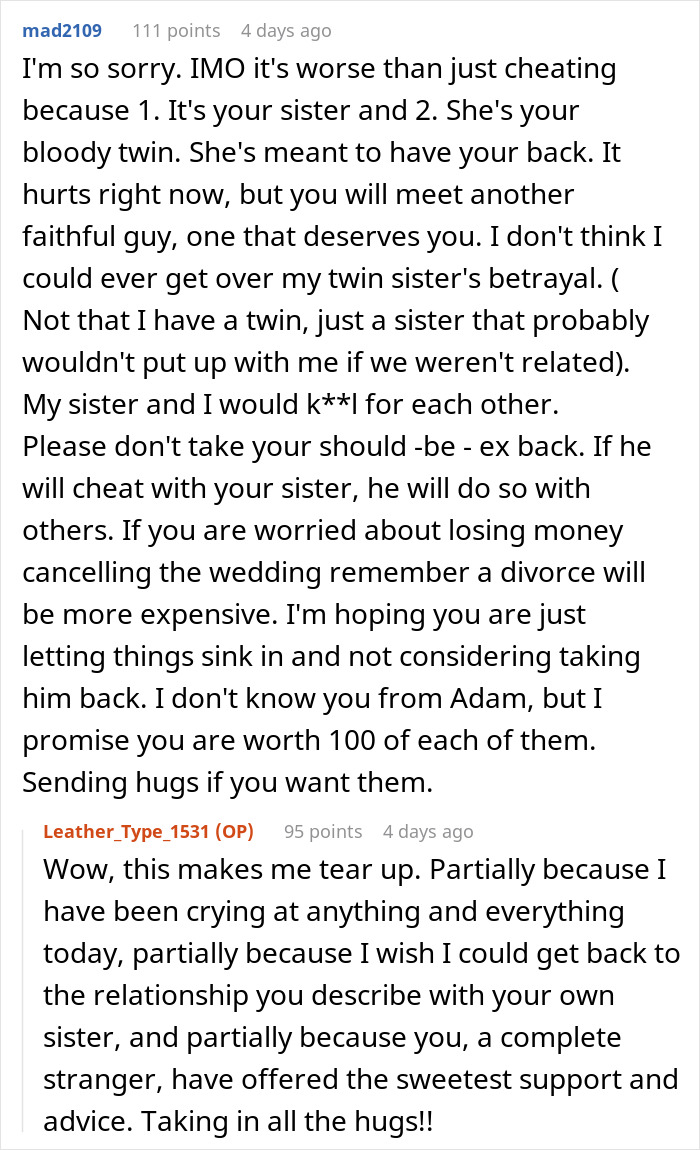 Supportive online discussion about bride&rsquo;s world crumbling after twin sister and fianc&eacute;&rsquo;s secret betrayal revealed.