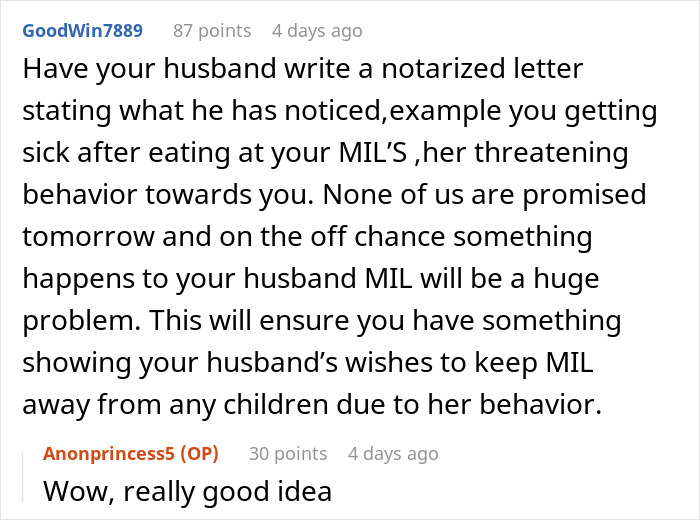 Woman concerned MIL was poisoning her, ends contact, and fears how pregnancy might affect the situation. Woman concerned MIL was poisoning her, ends contact, and fears how pregnancy might affect the situation.