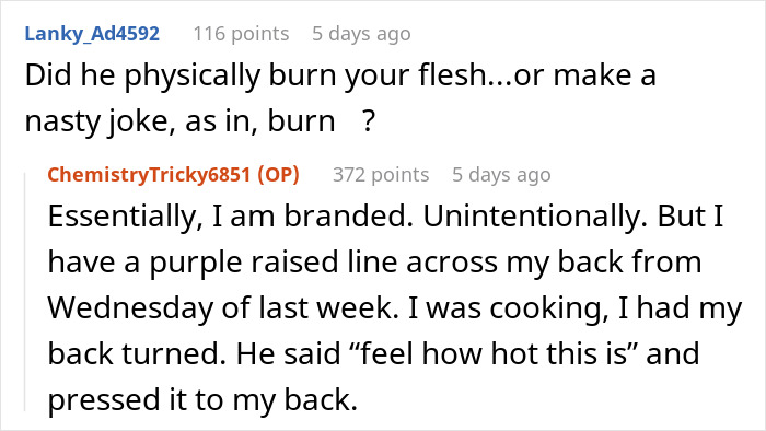 Comment thread showing a woman describing how her husband&rsquo;s behavior has changed since their wedding, mentioning a visible injury on her back.