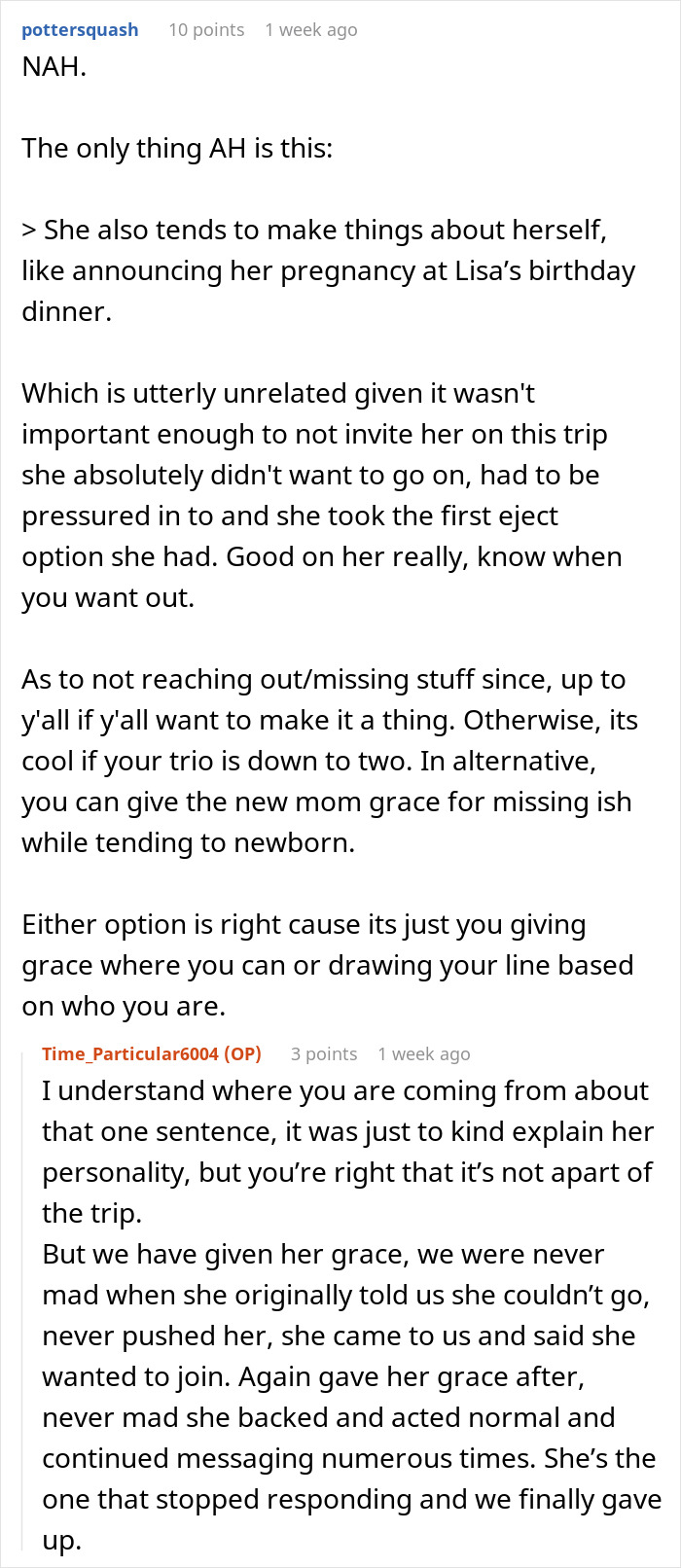 Reddit discussion about woman wanting friends to bend to her travel needs and ghosting them when they refuse