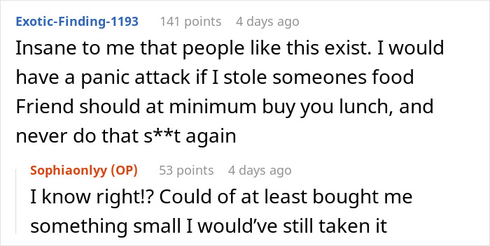 Reddit users discuss leftover pasta theft and a woman's decision to buy a mini fridge for food security.