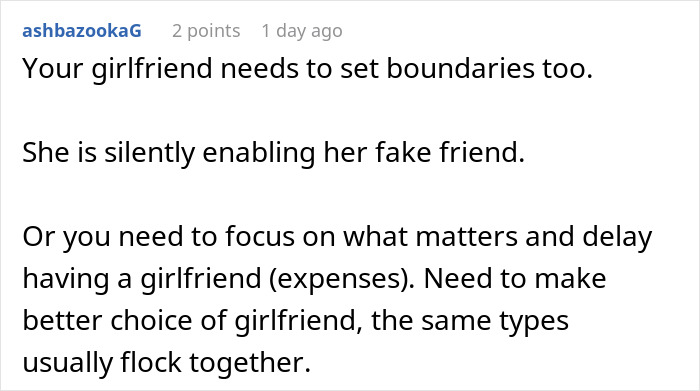 Comment discussing setting boundaries in relationships as woman can&rsquo;t use friend&rsquo;s boyfriend as an ATM anymore due to money issues.