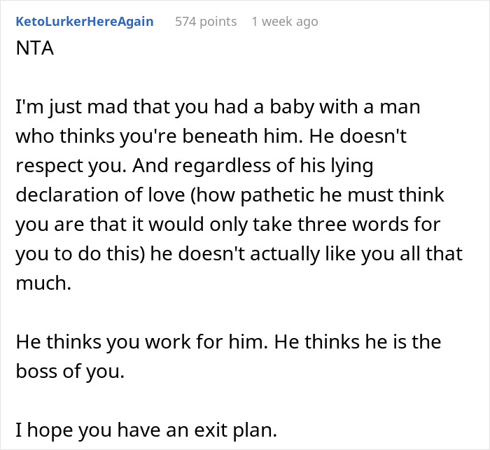 Comment discussing a mother caring for her 10-month-old and refusing fiancé’s orders to clean his vomit, causing tension. Comment discussing a mother caring for her 10-month-old and refusing fiancé’s orders to clean his vomit, causing tension.