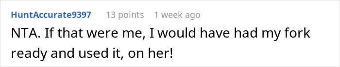 Screenshot of an online comment about a woman upset with her coworker helping herself to her food at work.