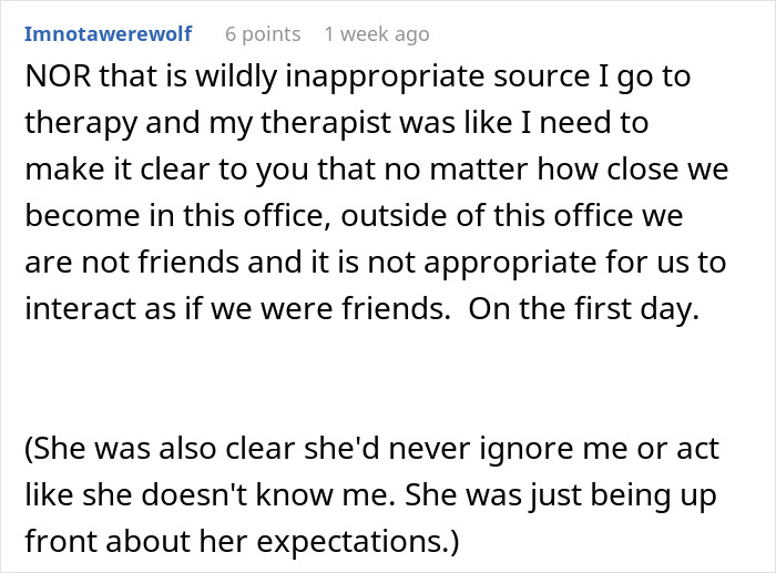 Comment about woman baffled at psychiatrist’s unhinged request, highlighting therapist boundaries and expectations in therapy. Comment about woman baffled at psychiatrist’s unhinged request, highlighting therapist boundaries and expectations in therapy.