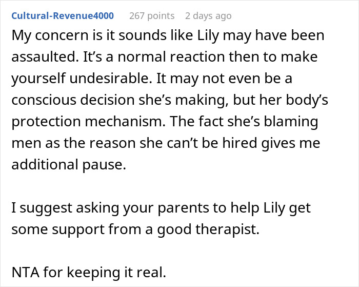 Screenshot of a Reddit comment discussing a woman blaming sexism for not landing a job and a sister's tough reality check.