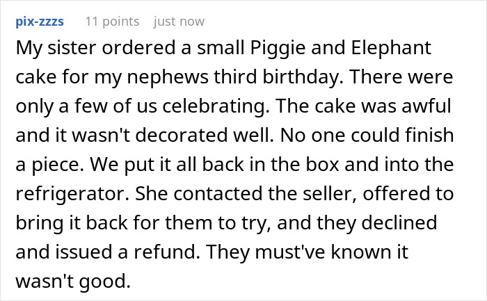 Text post describing a woman&rsquo;s story about a bakery refusing refund for a half-eaten cake causing a social media roasting threat.