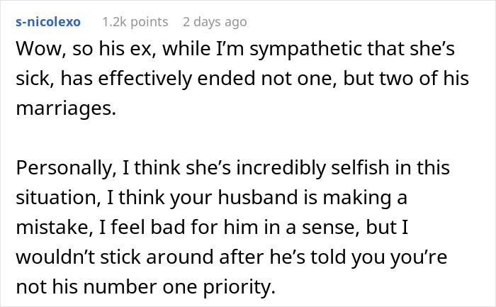 Woman questions her marriage after husband leaves to care for his terminally ill ex-wife, feeling hurt and confused.