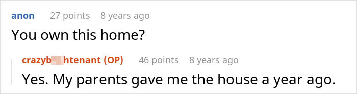 Screenshot of online conversation about a friend breaking into a house to prove she lives there, discussing home ownership.