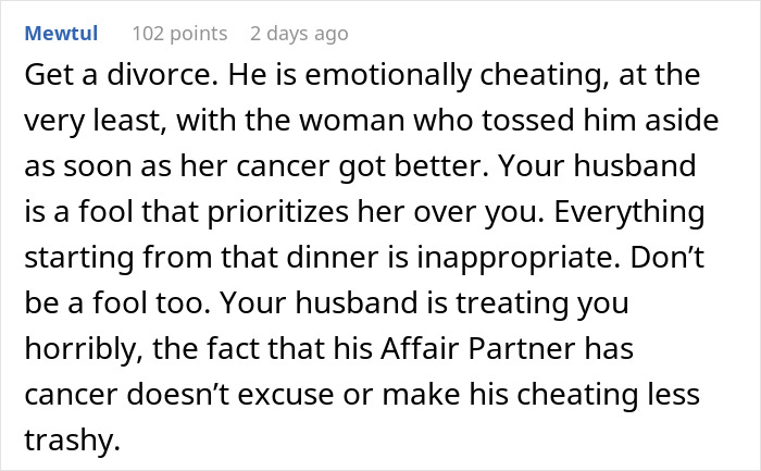 Comment discussing a woman questioning her marriage after husband leaves to care for his terminally ill ex-wife.