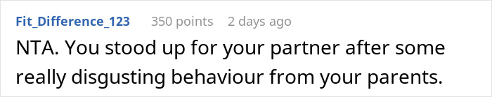 A user commenting on defending his wife and cutting off his parents after their disrespectful behavior.