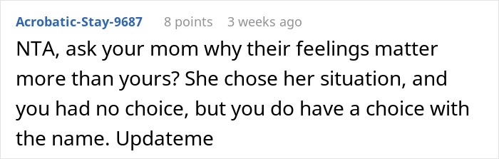Screenshot of an online forum comment discussing a teen wanting to keep their late father's last name while the mother is upset.
