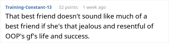 Screenshot of an online comment about a girlfriend canceling her dream vacation with boyfriend due to work and feelings of jealousy.