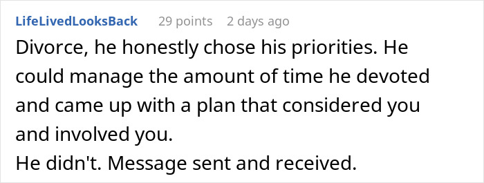 Comment discussing a woman questioning her marriage after husband leaves to care for his terminally ill ex-wife.