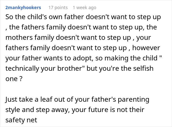 Comment about autistic stepbrother caregiving dilemma and family unwillingness to help with responsibility.