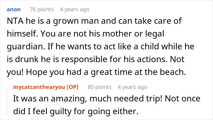 Comments discussing boyfriend throwing tantrum as girlfriend leaves on vacation despite his injury and personal responsibility.