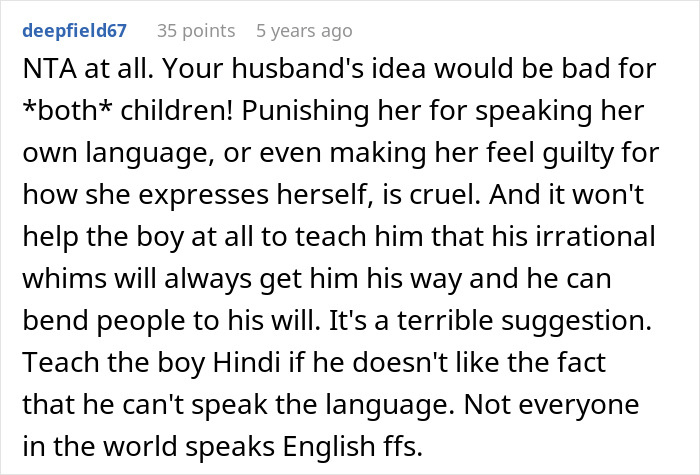 Comment discussing concerns over punishing a child for speaking a native language his stepdad can't understand.