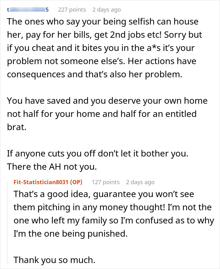 Screenshot of a Reddit discussion about family demanding $33k and personal consequences of financial support decisions.