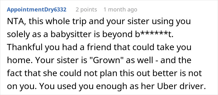 Screenshot of a Reddit comment discussing a sister hijacking a road trip and expecting babysitting help. Screenshot of a Reddit comment discussing a sister hijacking a road trip and expecting babysitting help.