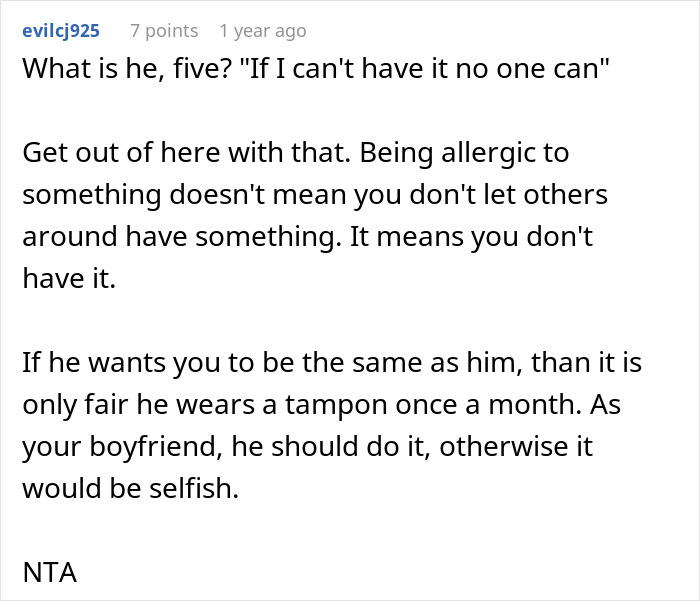 Comment discussing a man upset over his girlfriend buying a peanut butter cake to eat at work despite his allergy.