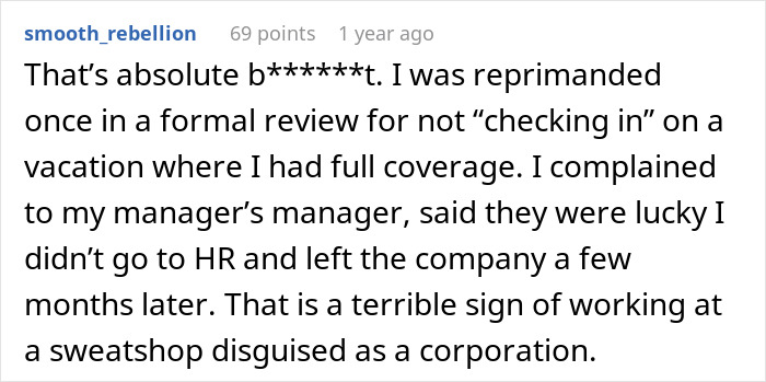 User comment about being reprimanded in a formal review for not checking in during coverage, reflecting workplace issues.