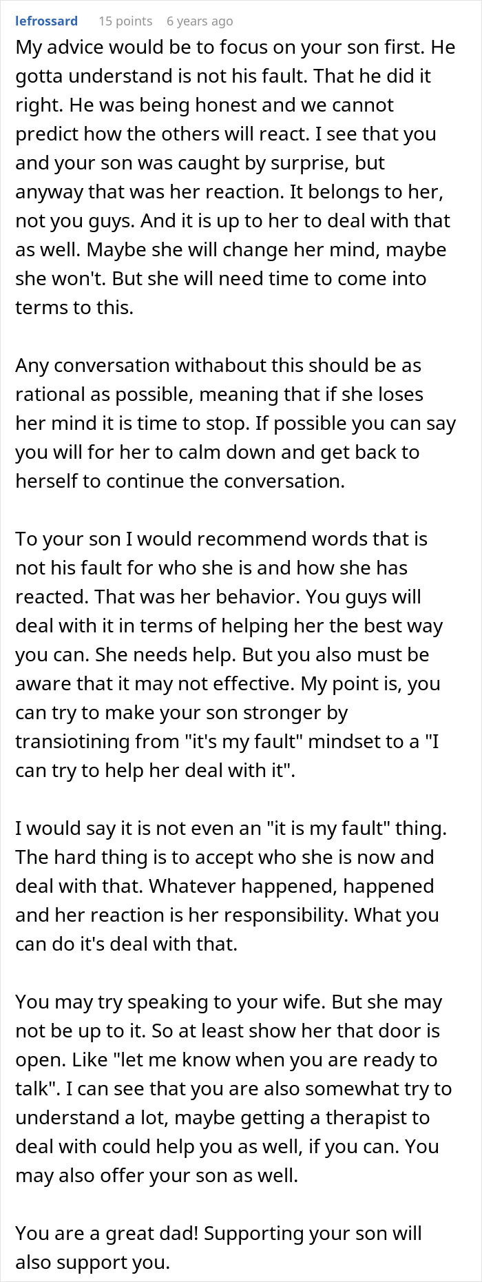 Comment advising a dad on how to support his gay son after wife reacts negatively and kicks him out.