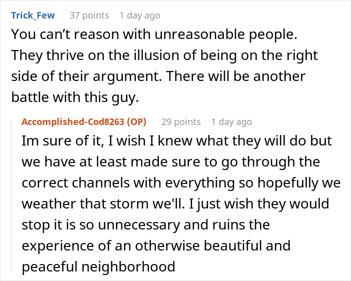 Reddit comments discussing a neighborhood driveway fight where a woman takes what belongs to her, highlighting neighbor disputes.
