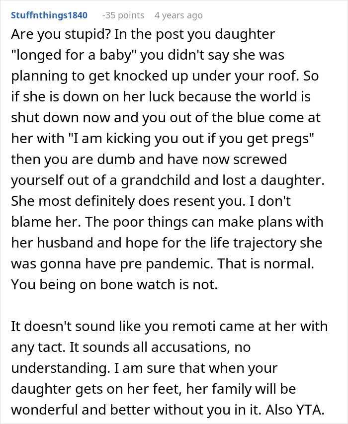 Comment discussing parents forbidding their daughter from having a baby under their roof, causing relationship strain.