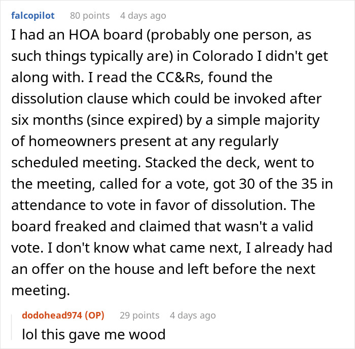 User sharing experience fighting a petty HOA by leveraging dissolution clause during a homeowner meeting in Colorado.