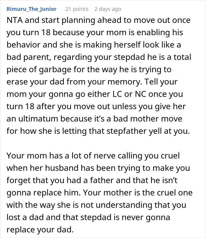 Comment text from Reddit post discussing guy trying to become teen stepson's real dad and being rejected again. - 38